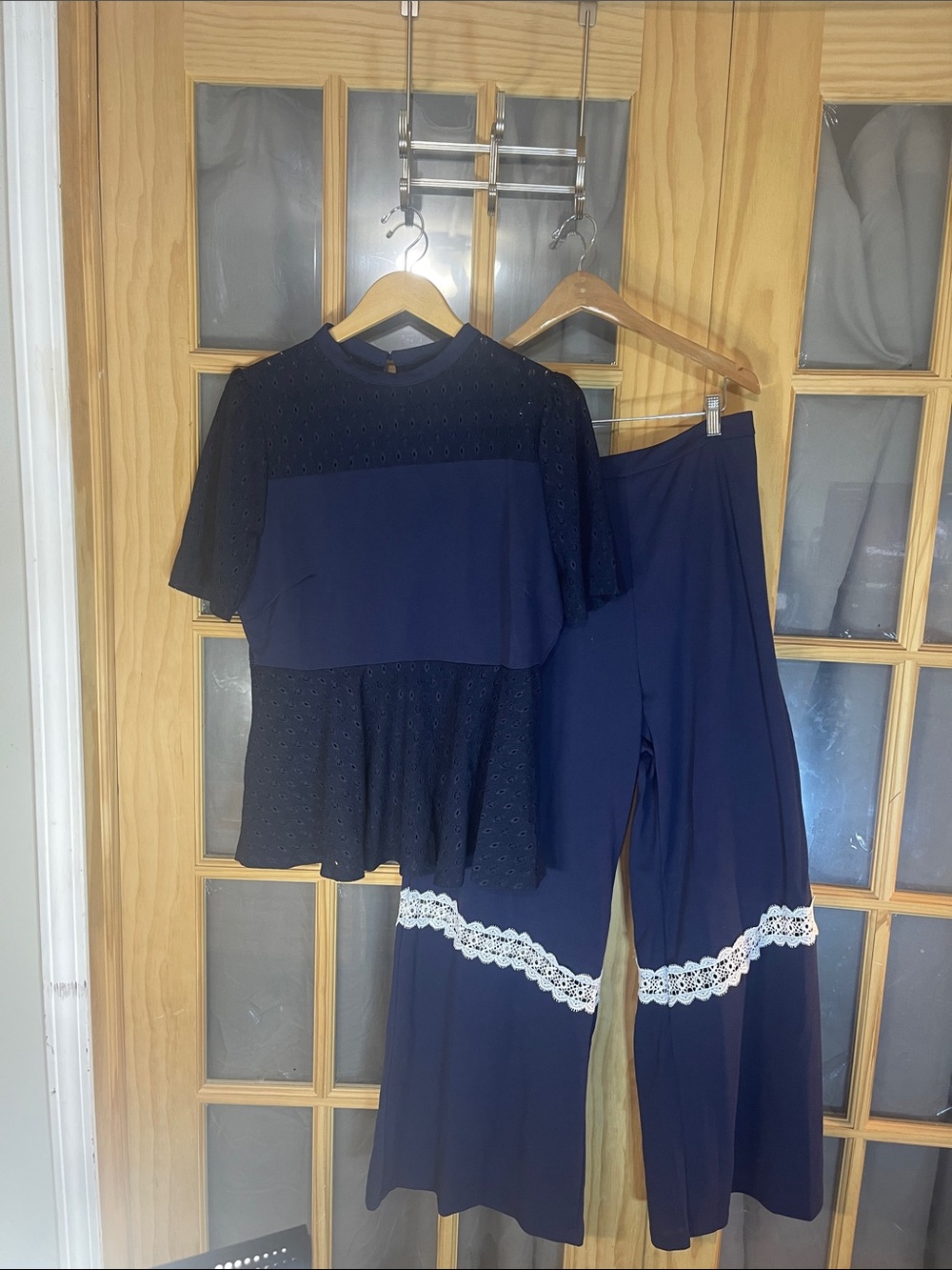 200. Navy Eyelet Short-Sleeve Top & Lace-Trim Wide-Leg Pants Set